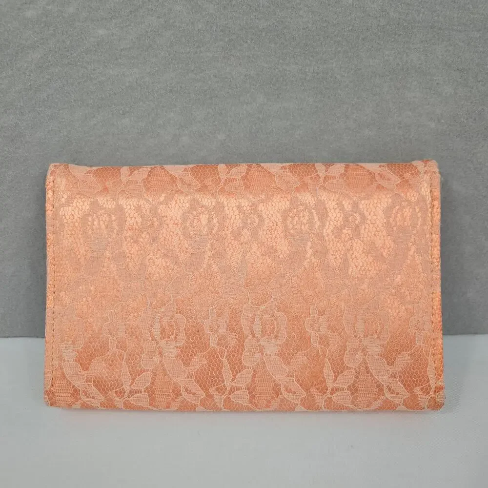 Peach Satin & Lace Covered Clutch Snap Closure Purse with Chain Shoulder Strap